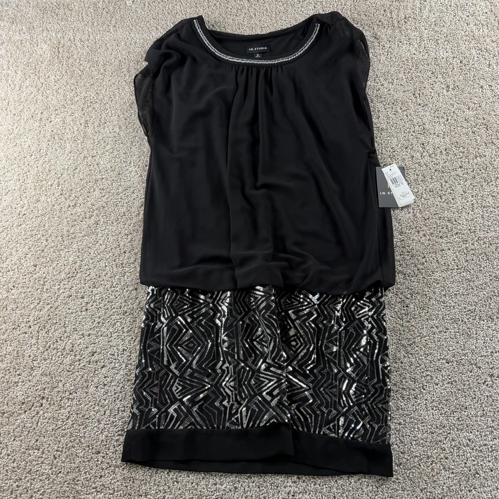 I.N. Studio Dress Womens 10 Black Sequin Geometric Blouson Short Cocktail Party